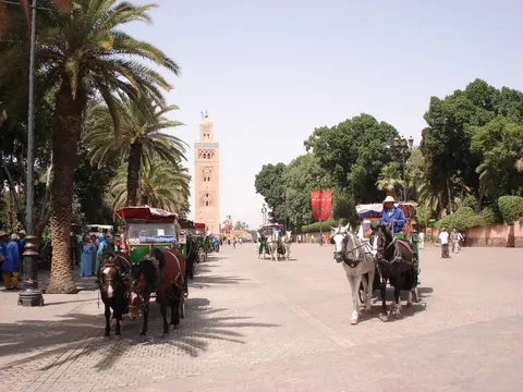 Maroko | Dorożki na ulicy Marrakeszu, w tle minaret Kutubijji